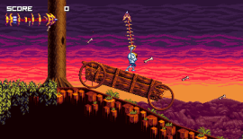 The skeleton main character of Vertebreaker swinging from a ceiling using his whip.